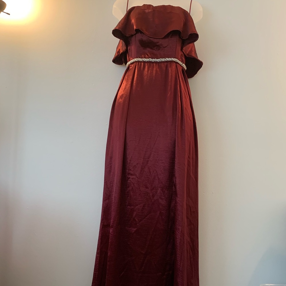NWT Altar’d State satin maxi off the shoulder formal dress, burgundy, S
